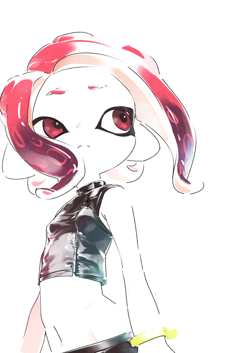1girl agent_8_(splatoon) breasts closed_mouth frown groin highres medium_hair navel octoling octoling_girl red_eyes red_hair simple_background small_breasts solo splatoon_(series) splatoon_2 splatoon_2:_octo_expansion split_mouth suction_cups tenshinhannnn tentacle_hair white_background zipper