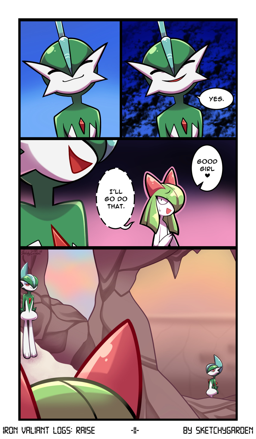 absurd_res cave comic dialogue duo female gallade generation_3_pokemon generation_4_pokemon hi_res humanoid kirlia looking_away male nintendo noble_(sketchygarden) pokemon pokemon_(species) scared serenity_(sketchygarden) sketchygarden sky smile text walking_away