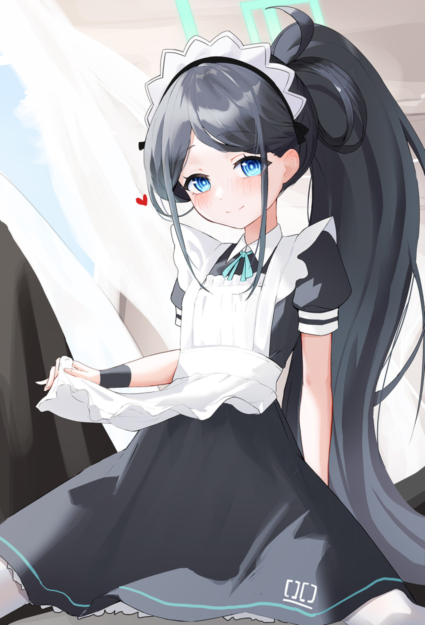 1boy 1girl apron apron_lift aris_(blue_archive) aris_(maid)_(blue_archive) black_dress black_hair black_pants blue_archive blue_eyes blue_ribbon blush closed_mouth collared_dress commentary_request cowgirl_position dress flat_chest frilled_apron frills girl_on_top green_halo halo heart hetero highres honashi long_hair maid neck_ribbon official_alternate_costume paid_reward_available pants ponytail pov puffy_short_sleeves puffy_sleeves ribbon short_sleeves smile split_mouth straddling thighhighs white_apron white_thighhighs