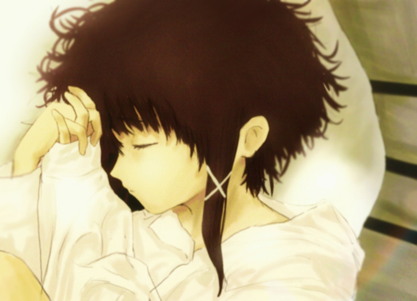 1girl alternate_costume arms_up blurry brown_hair closed_eyes closed_mouth commentary expressionless eyelashes from_above hair_ornament highres iwakura_lain long_hair long_sleeves lying messy_hair on_side own_hands_together profile puffy_long_sleeves puffy_sleeves ranm12s serial_experiments_lain single_sidelock sleeping sleeves_past_wrists solo upper_body x_hair_ornament