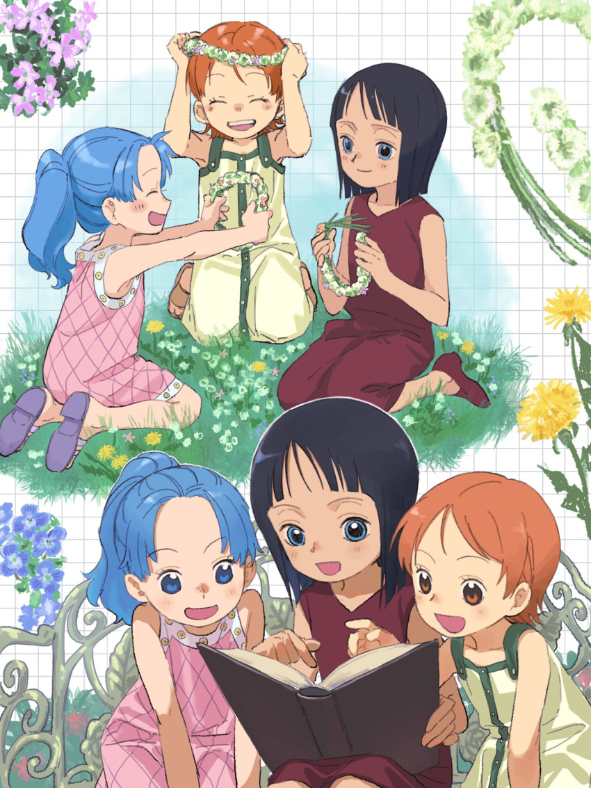 3girls aged_down bare_shoulders black_hair blue_eyes blue_hair blush book brown_dress brown_footwear closed_eyes commentary dress flower grass green_dress grid_background head_wreath highres holding holding_book holding_flower long_hair multiple_girls multiple_views nami_(one_piece) nefertari_vivi nico_robin one_piece open_book open_mouth orange_eyes orange_hair parted_bangs pink_dress pointing reading sandals seiza shoes short_hair sitting sleeveless sleeveless_dress smile symbol-only_commentary urasanmyaku