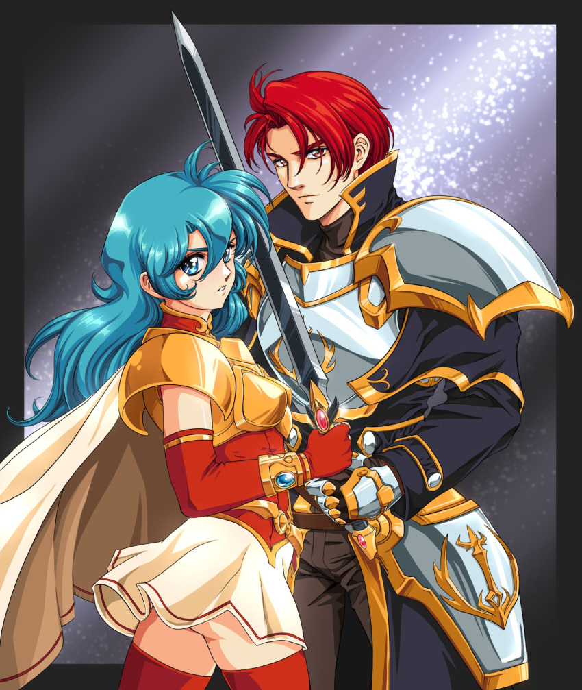 1990s_(style) 1boy 1girl armor ass black_border blue_eyes blue_hair border breastplate breasts brown_pants cuirass curtained_hair double-parted_bangs eirika_(fire_emblem) elbow_gloves english_commentary faulds fire_emblem fire_emblem:_the_sacred_stones galaxy gauntlets gloves gradient_background hair_between_eyes highres holding holding_sword holding_weapon long_hair looking_at_viewer night night_sky pants pauldrons red_eyes red_gloves red_hair red_thighhighs retro_artstyle seth_(fire_emblem) short_hair shoulder_armor sirknightbot skirt sky small_breasts star_(sky) sword teeth thighhighs weapon white_skirt