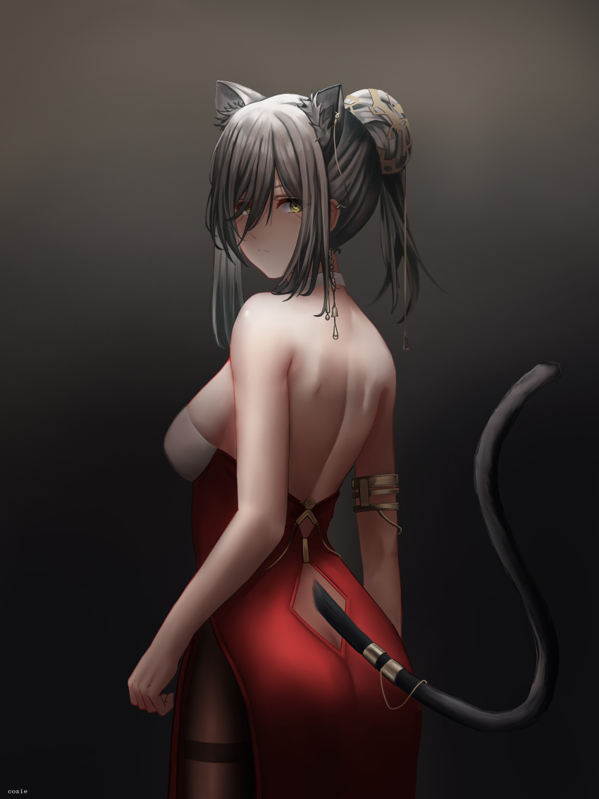 1girl absurdres animal_ears arknights artist_name back bare_back bare_shoulders black_background black_pantyhose breasts brown_pantyhose china_dress chinese_clothes closed_mouth cozie178 dress earrings feet_out_of_frame grey_hair hair_ornament highres jewelry lion_ears lion_tail long_hair looking_at_viewer medium_breasts pantyhose red_dress schwarz_(arknights) shading_eyes sideboob sidelocks simple_background solo standing strapless strapless_dress tail yellow_eyes