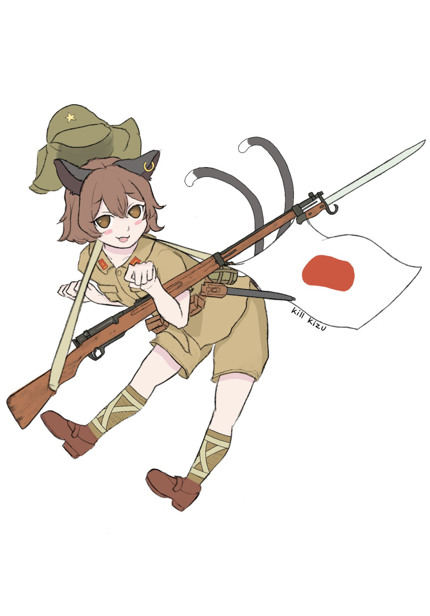 1girl animal_ears arisaka bayonet belt bolt_action boonie_hat brown_eyes brown_hair cat_ears cat_tail chen earrings gun highres imperial_japanese_army japanese_flag jewelry kill_kizu knife lapels military_uniform multiple_tails nekomata open_mouth paw_pose rifle short_hair short_sleeves single_earring sling solo tail touhou two_tails type_38_rifle uniform weapon