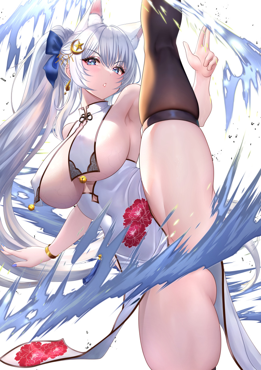 1girl animal_ears azur_lane bare_shoulders black_thighhighs blue_eyes blue_nails blush breast_curtains breasts covered_navel crescent crescent_hair_ornament floral_print fox_ears hair_ornament highres large_breasts long_hair looking_at_viewer nail_polish parted_lips ponytail shinano_(azur_lane) skindentation solo split standing standing_on_one_leg standing_split studiopokotan thighhighs thighs white_background white_hair