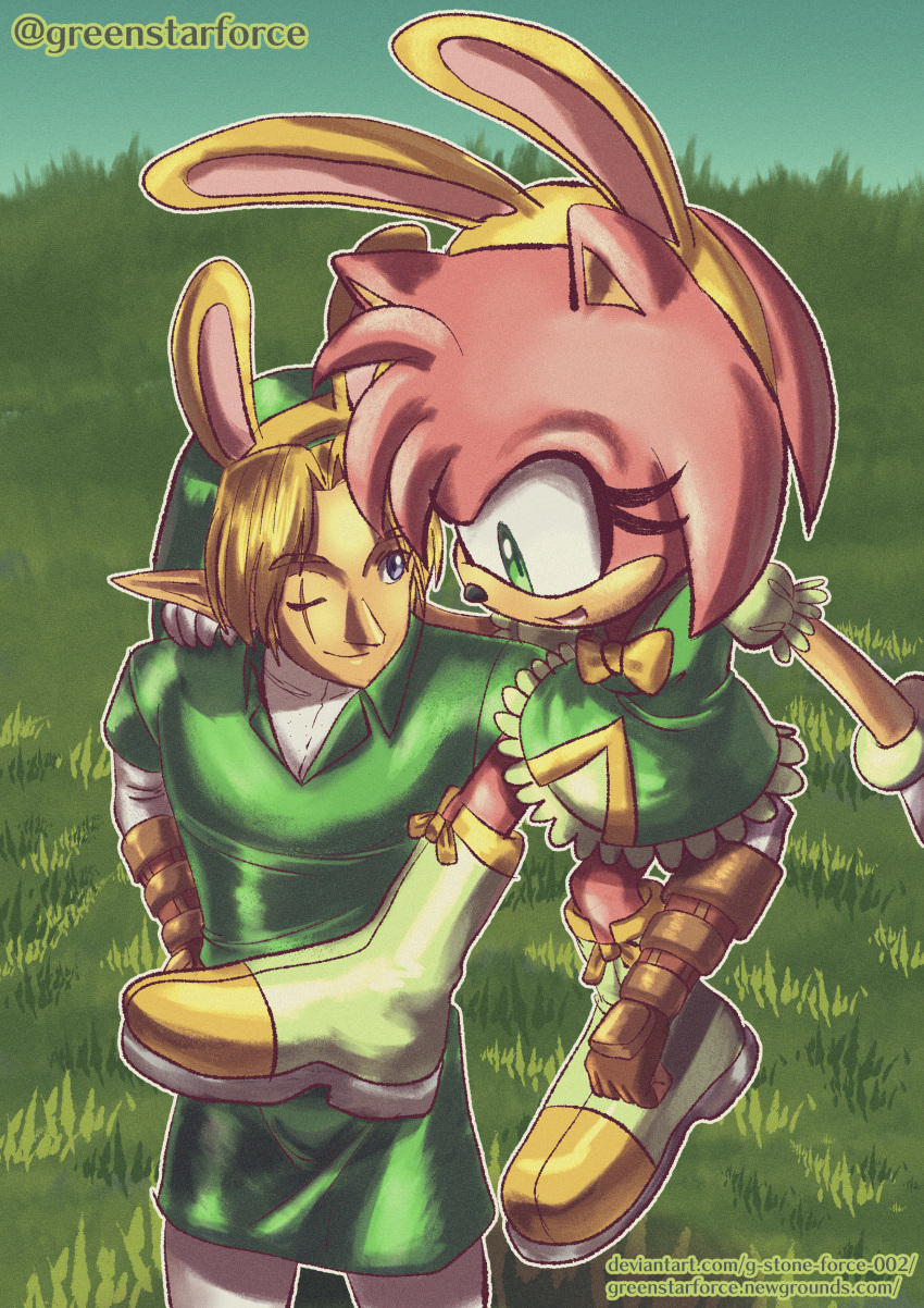 2023 absurd_res amy_rose anthro blue_eyes boots carrying_another clothing crossover duo elf eulipotyphlan eye_contact fake_ears fake_rabbit_ears female footwear gloves grass green_eyes greenstarforce handwear hedgehog hi_res humanoid humanoid_pointy_ears hylian link looking_at_another male mammal nintendo plant sega signature sonic_the_hedgehog_(series) text the_legend_of_zelda url