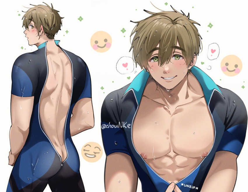 1boy abs ass back bara bare_pectorals black_wetsuit blush bodysuit brown_hair chounke diving_suit emoji english_text free! green_eyes heart large_pectorals male_focus muscular muscular_male nipples open_clothes partially_unzipped pectorals short_hair smile tachibana_makoto teeth twitter_username wetsuit zipper zipper_pull_tab