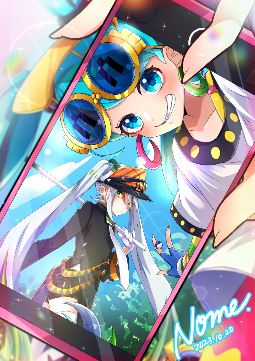 2girls absurdres aqua_eyes aqua_hair bike_shorts black_coat cellphone coat earrings fighting_miku_(project_voltage) fingerless_gloves gloves grin hair_between_eyes hatsune_miku highres holding holding_phone jewelry long_hair multicolored_hair multiple_girls necktie normal_miku_(project_voltage) orange_trim phone poke_ball pokemon project_voltage ring selfie shino_nome shirt side_slit smile sunglasses thighhighs twintails very_long_hair visor_cap vocaloid white_hair white_necktie white_shirt white_thighhighs