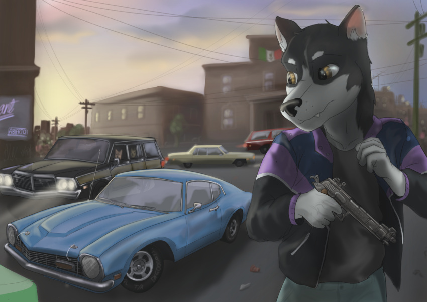 80's_theme alaskan_malamute anthro brown_eyes canid canine canis car city city_background cityscape domestic_dog holding_object holding_weapon husky male mammal nordic_sled_dog sky solo spitz vehicle weapon wolfyalex96