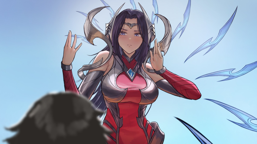 1girl absurdres armor bad_source bare_shoulders blue_background blurry blurry_foreground breasts closed_mouth detached_sleeves dress firolian gem gradient_background hands_up highres irelia large_breasts league_of_legends long_air looking_at_another pink_eyes purple_hair red_dress solo_focus