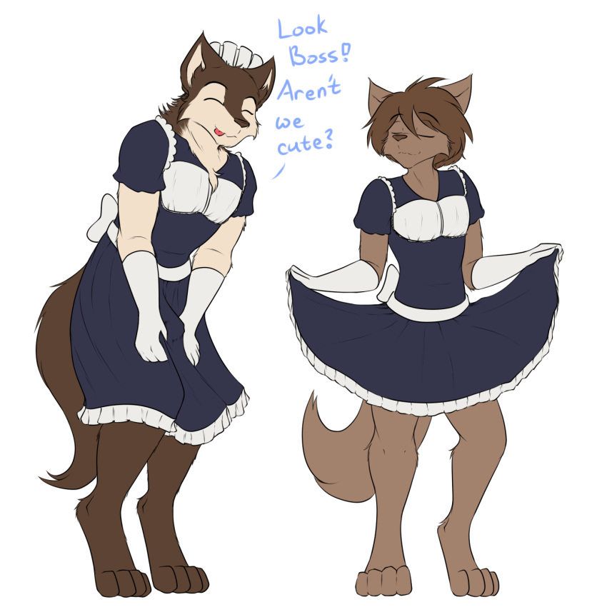 anthro brown_body brown_eyes brown_fur brutus_(twokinds) canid canine canis clothed clothing crossdressing duo eyes_closed fur gloves handwear hi_res keidran maid_uniform male mammal tan_body tan_fur twokinds uniform webcomic wolf wolfie-pawz zen_(twokinds)