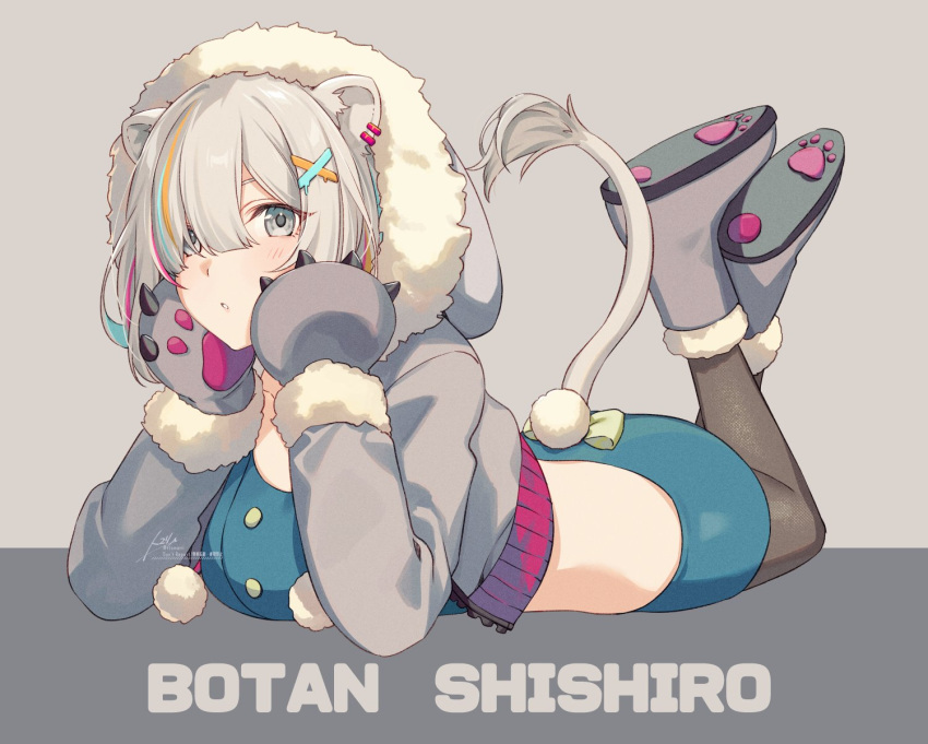 1girl animal_ear_piercing animal_ears black_pantyhose blush character_name grey_footwear grey_hair grey_jacket hair_over_one_eye highres hololive hood hood_up hooded_jacket jacket lion_ears lion_girl lion_tail long_sleeves looking_at_viewer lying on_stomach pantyhose parted_lips shishiro_botan short_hair signature snow_boots solo tail tomari_(veryberry00) virtual_youtuber