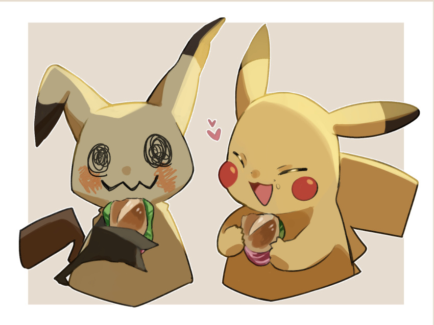 :d ame_akira border closed_eyes commentary_request food food_on_face heart highres holding holding_food lettuce mimikyu no_humans open_mouth pikachu pokemon pokemon_(creature) sandwich smile tongue white_border