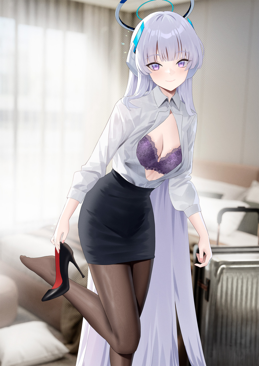 1girl bedroom blue_archive blurry blurry_background bra breasts brown_pantyhose cirilla_lin closed_mouth halo headgear highres holding holding_shoes medium_breasts noa_(blue_archive) open_clothes open_shirt pantyhose pencil_skirt purple_bra purple_eyes shoes skirt smile solo suitcase underwear white_hair