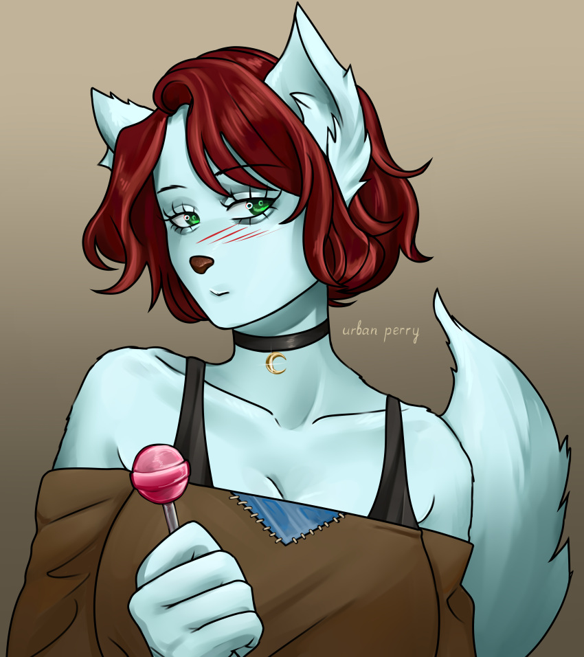 absurd_res anthro arctic_fox big_breasts blue_body blue_fur breasts brown_clothing brown_shirt brown_topwear candy canid canine choker clothed clothing dessert female fluffy fluffy_ears fluffy_hair fluffy_tail food fox fur green_eyes hair half-length_portrait hi_res humanoid icon jewelry lollipop mammal necklace portrait red_hair shirt short_hair solo solo_focus tail topwear urban_perry white_body white_fur