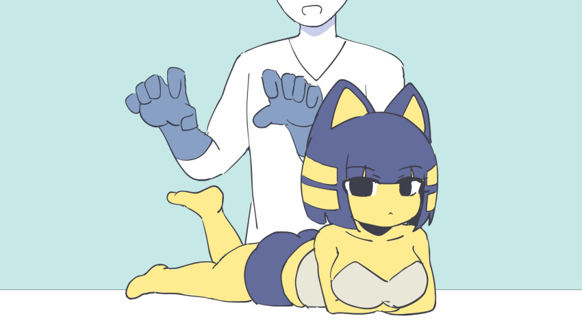 2023 5_fingers animal_crossing ankha_(animal_crossing) anthro big_breasts bottomwear breasts butt clothing dangoheart domestic_cat felid feline felis female fingers fur gloves handwear hi_res human lying male mammal nintendo on_front shorts veterinarian yellow_body yellow_fur