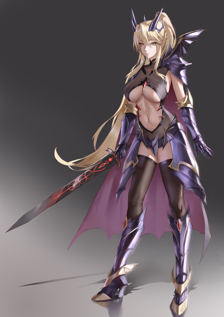 1girl absurdres alternate_hairstyle anger_vein armor artoria_pendragon_(fate) artoria_pendragon_(lancer_alter)_(fate) black_bodysuit black_thighhighs blonde_hair bodysuit braid breasts clothing_cutout commentary english_commentary excalibur_morgan_(fate) fate/grand_order fate_(series) faulds freed_turing french_braid full_body gauntlets greaves half_updo high_ponytail highres holding holding_sword holding_weapon horns large_breasts long_hair looking_at_viewer navel navel_cutout pauldrons shoulder_armor single_pauldron solo sword thighhighs underboob vambraces weapon yellow_eyes