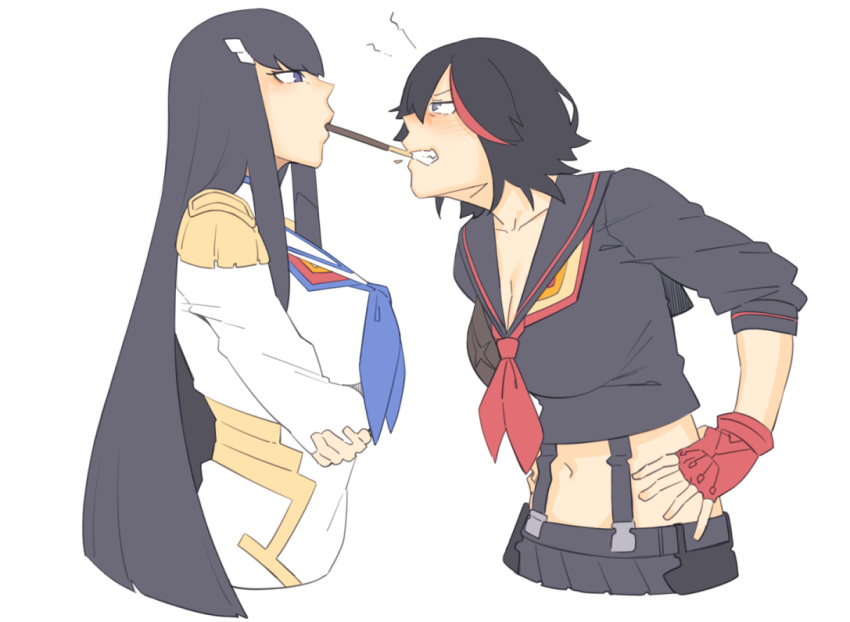 arms_under_breasts black_hair blue_eyes blue_neckerchief blush breasts clenched_teeth collarbone cropped_torso dyun food gloves kill_la_kill kiryuuin_satsuki large_breasts long_hair long_sleeves looking_at_another matoi_ryuuko multicolored_hair navel neckerchief pleated_skirt pocky pocky_kiss profile red_gloves red_hair red_neckerchief sailor_collar school_uniform senketsu short_hair siblings sisters skirt stomach teeth white_sailor_collar