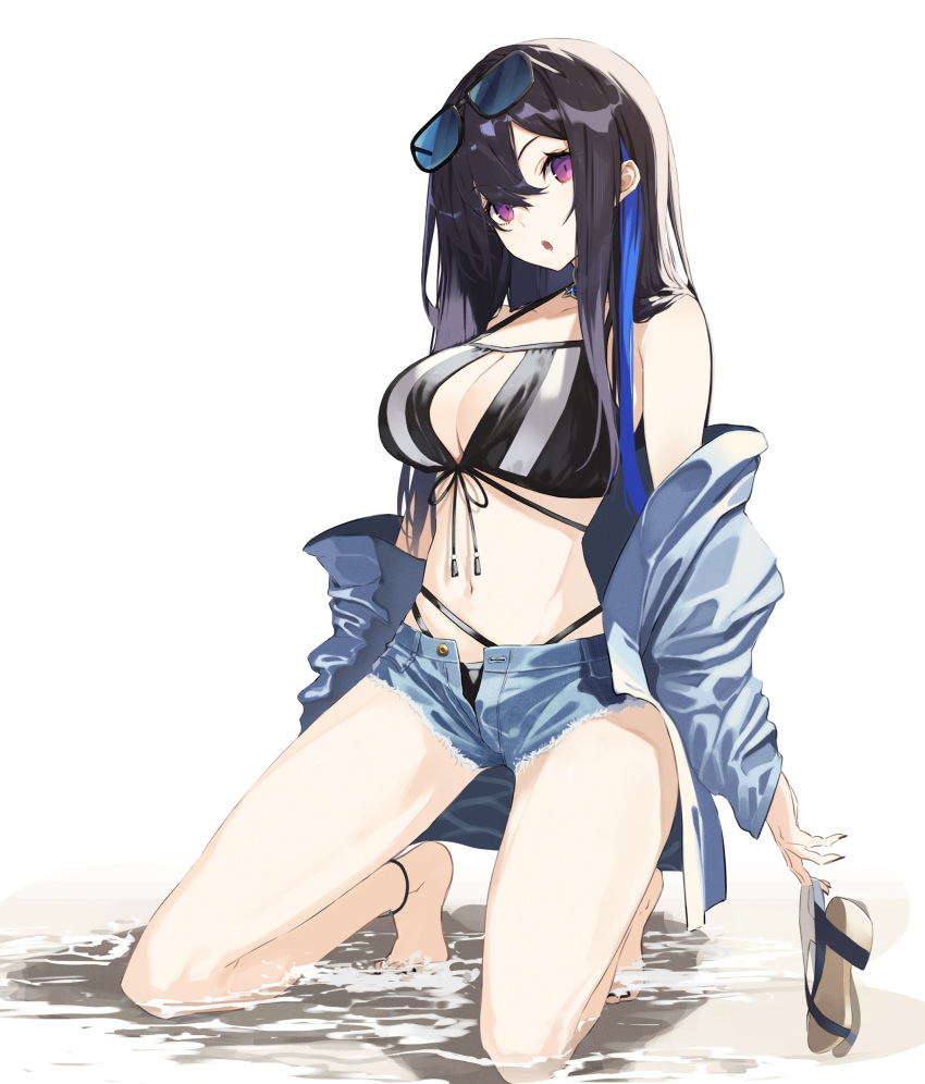 1girl absurdres ankle_strap bare_legs bare_shoulders barefoot beach bikini bikini_under_clothes black_choker black_hair black_nails breasts choker crossed_bangs eyewear_on_head front-tie_bikini_top front-tie_top highres holding_sandals ichinose_uruha kneeling large_breasts lupinus_virtual_games multicolored_hair navel off_shoulder purple_eyes sandals sandals_removed senmu_(senmudayo) short_shorts shorts streaked_hair sunglasses swimsuit virtual_youtuber vspo!