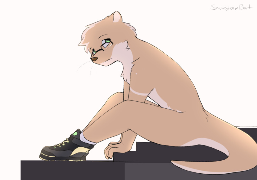 adrian_(snowstormbat) anthro clothing eyewear footwear footwear_only glasses hi_res male mammal mostly_nude mustelid otter shoes shoes_only sitting snowstormbat socks