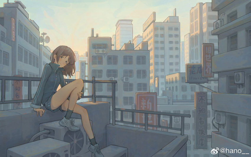 1girl absurdres artist_name blue_shorts blush brown_hair building cityscape closed_mouth full_body green_eyes hair_between_eyes hano_1219 highres knee_up legs long_hair long_sleeves looking_at_viewer on_rooftop original rooftop shorts sidelocks signature sitting smile solo
