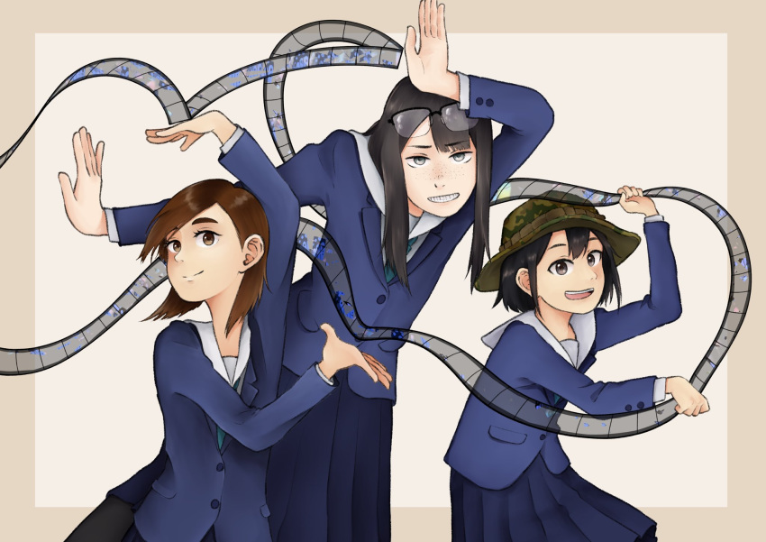 3girls aqua_necktie asakusa_midori asymmetrical_bangs black_hair blazer blue_jacket blue_skirt bob_cut border brown_border brown_eyes brown_hair bucket_hat camouflage camouflage_headwear closed_mouth commentary dancing dress_shirt easy_breezy eizouken_ni_wa_te_wo_dasu_na! eyewear_on_head film_strip freckles glasses green_eyes green_headwear grin hair_over_shoulder hat height_difference highres holding inverted_bob jacket kanamori_sayaka long_hair long_skirt mizusaki_tsubame multiple_girls necktie open_clothes open_jacket open_mouth outside_border over-rim_eyewear pleated_skirt rectangular_eyewear sailor_collar sanpaku school_uniform semi-rimless_eyewear serafuku shirt short_hair skirt smile swept_bangs teeth upper_teeth_only white_background white_sailor_collar white_shirt yamagata_gaku