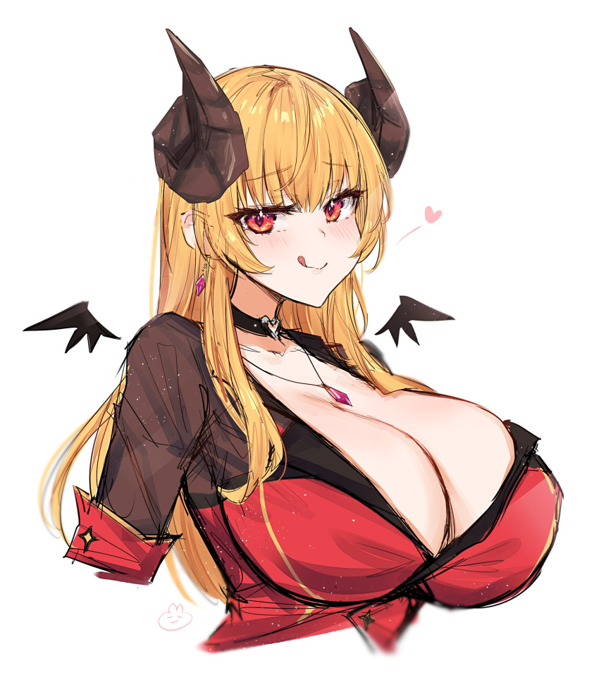 1girl black_choker blonde_hair breasts brown_eyes choker cleavage emu_(confisery) english_commentary hair_behind_ear heart heart_o-ring highres horns indie_virtual_youtuber jacket jewelry large_breasts licking_lips long_hair looking_at_viewer necklace o-ring o-ring_choker red_jacket smile solo tane_tenshi tongue tongue_out upper_body virtual_youtuber white_background wings