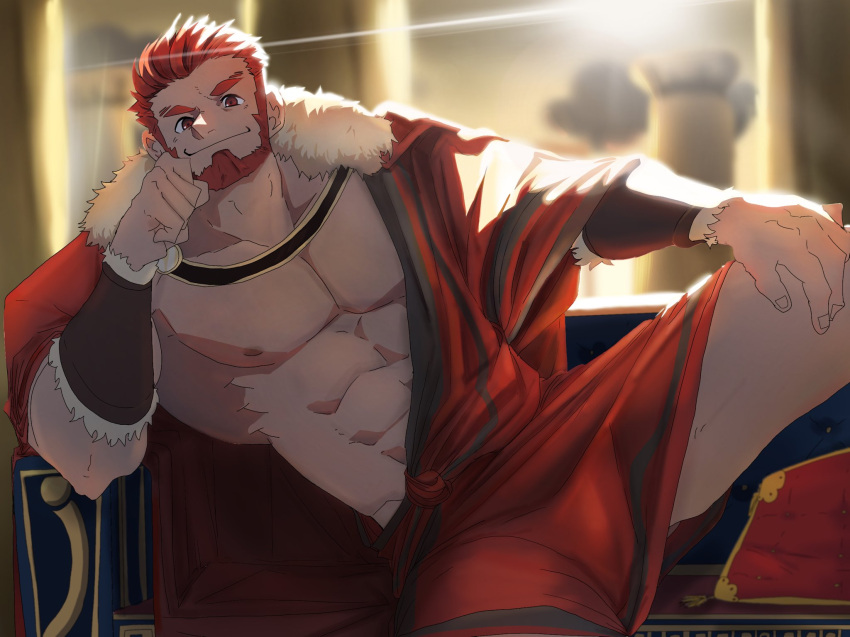 1boy :] abs alternate_costume ancient_greek_clothes backlighting bara bare_pectorals beard elbow_rest facial_hair fate/grand_order fate_(series) feet_out_of_frame highres iskandar_(fate) large_pectorals leg_up looking_at_viewer male_focus mature_male muscular muscular_male nipples pectorals pillar red_eyes red_hair seductive_smile short_hair sitting smile solo spread_legs sunbin_kim thick_eyebrows