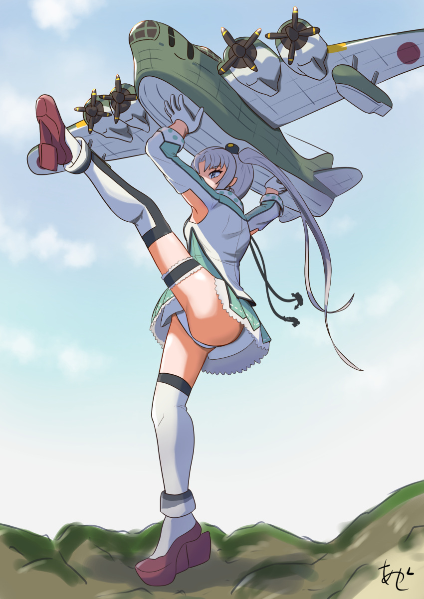 1girl aircraft airplane akashieru akitsushima_(kancolle) anchor_hair_ornament armpit_cutout blue_sky bridal_garter carrying clothing_cutout cloud day flying_boat grey_hair h8k hair_ornament hair_ribbon hat highres kantai_collection long_hair military military_uniform mini_hat miniskirt nishikitaitei-chan one-hour_drawing_challenge outdoors panties pleated_skirt purple_eyes ribbon side_ponytail sidelocks skirt sky solo thighhighs underwear uniform white_panties white_thighhighs