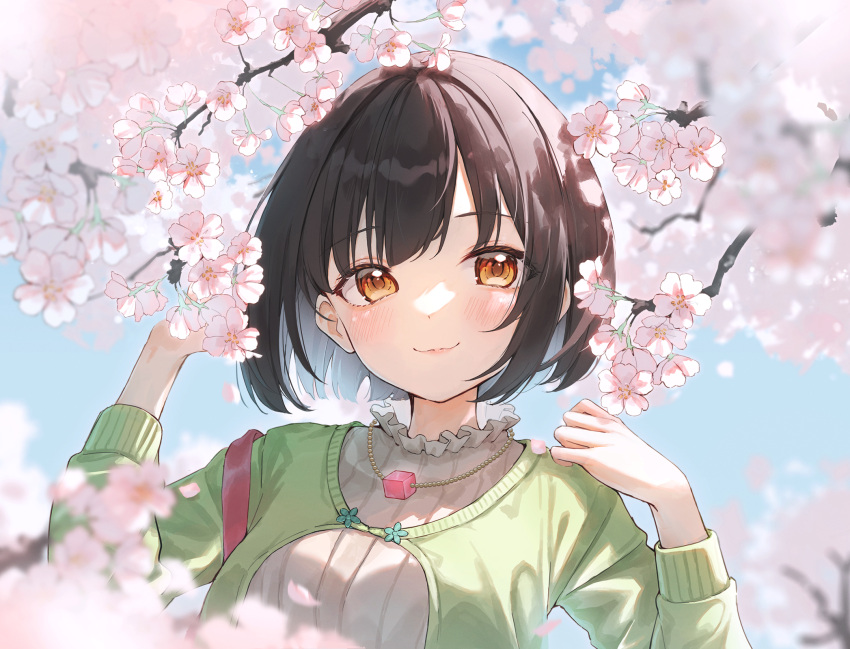 1girl black_hair blurry blurry_background blurry_foreground blush cardigan cherry_blossoms chilia012 commentary_request depth_of_field falling_petals green_cardigan highres idolmaster idolmaster_cinderella_girls looking_at_viewer outdoors petals shirt short_hair smile solo takafuji_kako upper_body white_shirt yellow_eyes