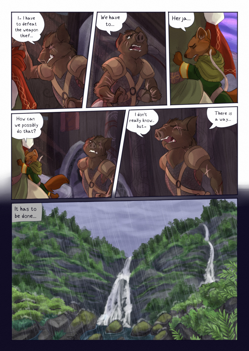 2023 anthro bear biped bjekkergauken brown_bear brown_body brown_fur brown_tail clothed clothing colored comic dialogue dialogue_box female fur green_clothing group gulonine herja_(bjekkergauken) hi_res hillevi male mammal marten mustelid musteline pine_marten raining red_cloak red_clothing river scar shirin_(bjekkergauken) size_difference speech_bubble suid suina sus_(pig) tail trio ursine water waterfall wild_boar