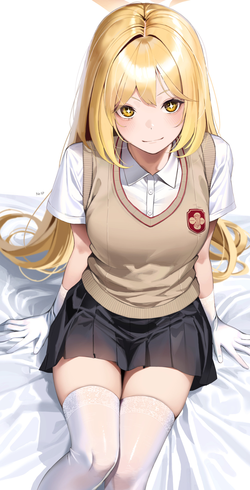 +_+ 1girl absurdres black_skirt blonde_hair blue_archive blush brown_vest closed_mouth collared_shirt commentary feet_out_of_frame gloves hair_between_eyes halo highres long_hair looking_at_viewer not_forever2w pleated_skirt school_uniform shirt shokuhou_misaki short_sleeves simple_background skirt smile solo symbol-only_commentary thighhighs toaru_kagaku_no_railgun toaru_majutsu_no_index tokiwadai_school_uniform vest white_background white_gloves white_shirt white_thighhighs yellow_eyes yellow_halo