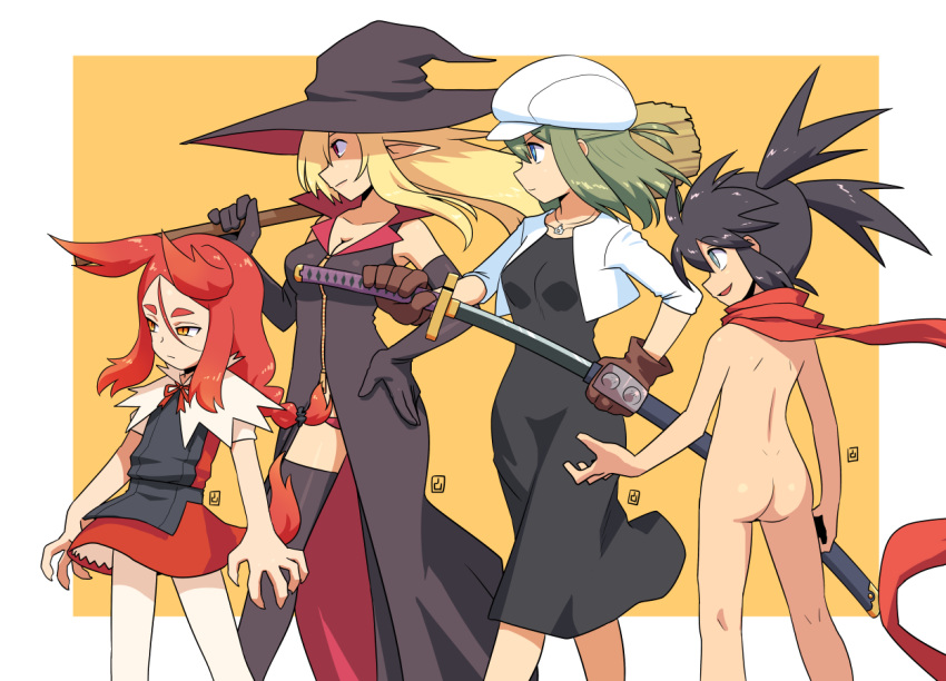 4girls apron ass bangs bare_arms bare_shoulders black_apron black_dress black_gloves black_hair black_headwear black_thighhighs blonde_hair blue_eyes braid breasts broom brown_gloves cabbie_hat cafe_(muu) cleavage closed_mouth collarbone drawing_sword dress elbow_gloves feet_out_of_frame floating_hair gloves green_hair hair_between_eyes hand_on_hip hat holding holding_broom holding_sheath holding_sword holding_weapon jacket katana long_hair long_sleeves looking_away looking_to_the_side medium_breasts multiple_girls muu_(mumumer) naked_scarf neas_(muu) nell_(muu) open_clothes open_jacket orange_background orange_eyes original panties parted_bangs puffy_short_sleeves puffy_sleeves red_dress red_eyes red_hair red_panties red_scarf scarf sheath shirt short_eyebrows short_sleeves single_braid sleeveless sleeveless_dress small_breasts smile standing sword thick_eyebrows thighhighs twintails two-tone_background underwear unsheathing weapon white_background white_headwear white_jacket white_shirt witch_hat yunomiya_agari