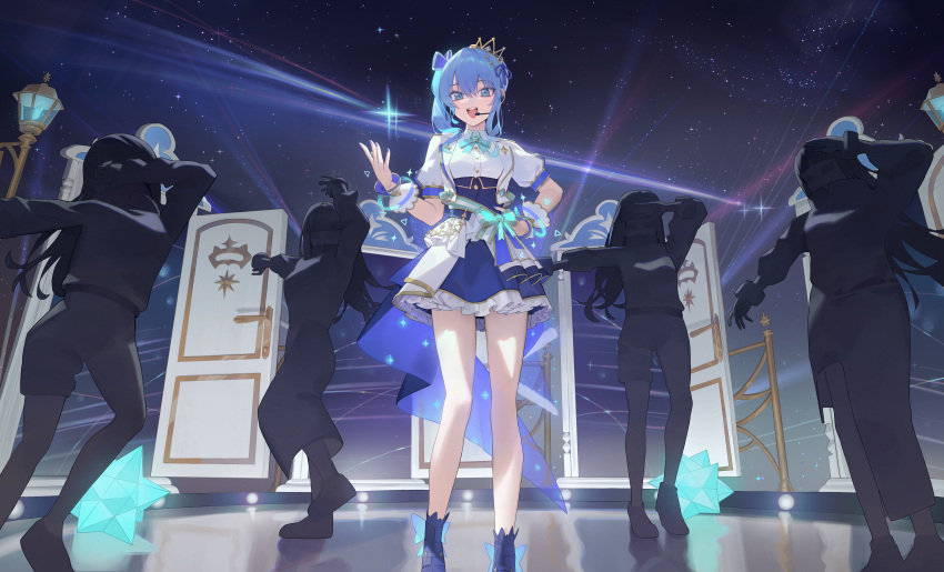 :d absurdres aqua_bow blue_eyes blue_footwear blue_hair blue_nails blue_skirt bow brooch dancing door earphones frilled_skirt frills green_bow highres hololive hoshimachi_suisei idol jewelry lamppost laser looking_at_viewer lser116 music people puffy_sleeves red_eyeliner shirt short_sleeves side_ponytail sidelocks singing skirt smile stage stage_lights standing thighs vest waist_cape white_shirt white_vest wrist_cuffs