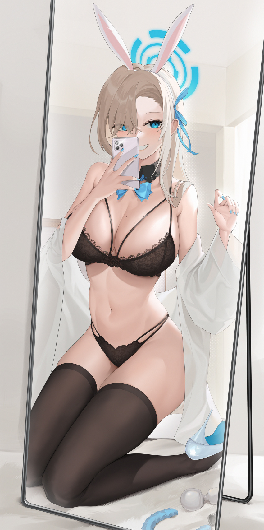 1girl absurdres alternate_costume animal_ears asuna_(blue_archive) black_bra black_pantyhose blue_archive blue_eyes bow bowtie bra breasts butt_plug cleavage detached_collar fake_animal_ears grin hair_over_one_eye halo high_heels highres holding holding_phone kneeling lace-trimmed_bra lace-trimmed_panties lace_trim large_breasts long_hair long_sleeves looking_at_viewer mirror mole mole_on_breast nail_polish navel open_clothes open_shirt panties pantyhose phone rabbit_ears sex_toy shibasoda smile solo stomach thighhighs underwear vibrator