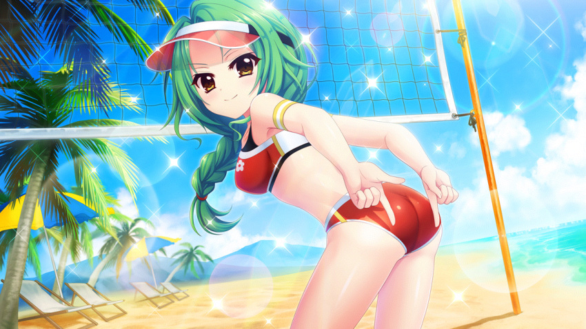 1girl armband ass beach beach_umbrella bikini blue_sky blue_umbrella braid breasts closed_mouth cloud day dot_nose dutch_angle film_grain from_side game_cg green_hair izumi_tsubasu lens_flare long_braid looking_at_viewer looking_to_the_side mountainous_horizon non-web_source ocean official_art outdoors palm_tree playing_sports re:stage! recliner red_bikini red_headwear shirokita_kuroha single_braid sky small_breasts smile solo sparkle sports_bikini sunlight swimsuit tree two-tone_umbrella umbrella visor_cap volleyball volleyball_net yellow_armband yellow_eyes yellow_umbrella