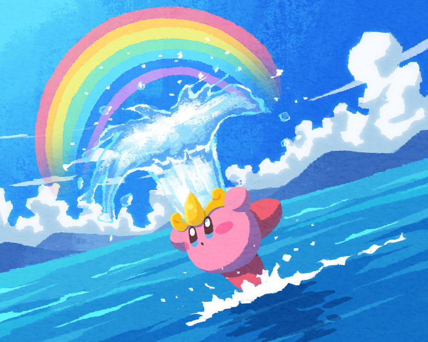 blue_eyes blue_sky blush_stickers cloud crown kirby kirby_(series) miclot mountainous_horizon no_humans ocean open_mouth rainbow sky standing standing_on_one_leg water water_kirby