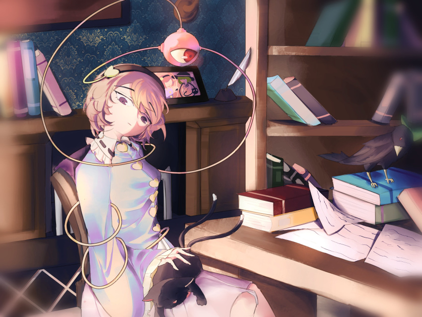 1girl bird black_hairband blue_shirt blurry_vision book bookshelf cat chair commentary feathers hairband heart highres im_mo indoors kaenbyou_rin kaenbyou_rin_(cat) komeiji_koishi komeiji_satori long_sleeves paper pink_eyes pink_hair pink_skirt reiuji_utsuho reiuji_utsuho_(bird) shirt short_hair sitting skirt table third_eye touhou