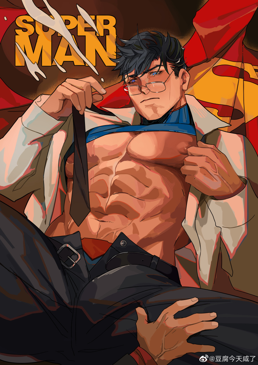 2boys abs absurdres bara bare_pectorals clark_kent dc_comics doufujintianxianle feet_out_of_frame glasses hand_on_another's_thigh highres large_pectorals looking_over_eyewear male_focus multiple_boys muscular muscular_male necktie nipples open_clothes open_fly open_shirt pectorals short_hair sideburns solo_focus spread_legs stomach superman superman_(series) superman_logo thick_eyebrows thick_thighs thighs undone_necktie undressing veins veiny_arms veiny_crotch yaoi