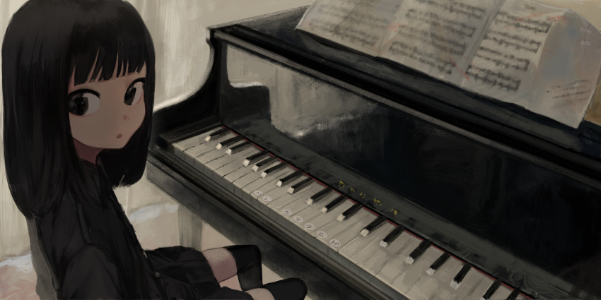 1girl absurdres black_dress black_eyes black_hair black_thighhighs blunt_bangs blunt_ends curtains dress grand_piano highres hime_cut instrument looking_at_viewer medium_hair open_mouth original piano piano_keys shade sitting thighhighs yukitsukumo zettai_ryouiki