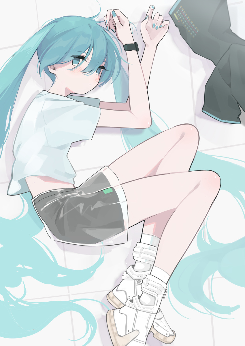 1girl absurdres aqua_eyes aqua_hair aqua_nails black_shorts closed_mouth commentary curled_up detached_sleeves_removed expressionless full_body hatsune_miku highres long_hair looking_at_viewer lying myomuron on_side shirt short_sleeves shorts socks solo t-shirt twintails very_long_hair vocaloid watch white_footwear white_socks wristwatch