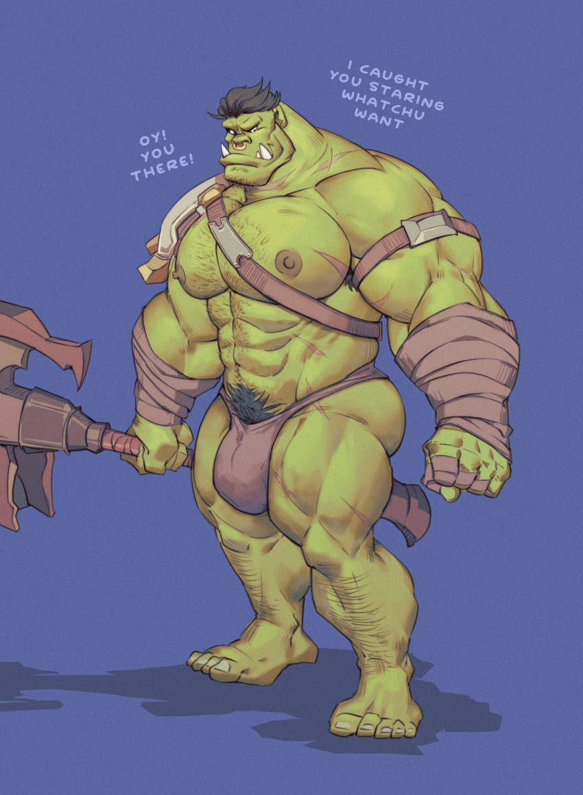 abs bulge clothed clothing eruprior facial_piercing green_body green_skin hi_res humanoid jockstrap jockstrap_only krenor_(eruprior) male muscular muscular_humanoid muscular_male nipples nose_piercing nose_ring orc pecs piercing ring_piercing solo topless underwear underwear_only weapon