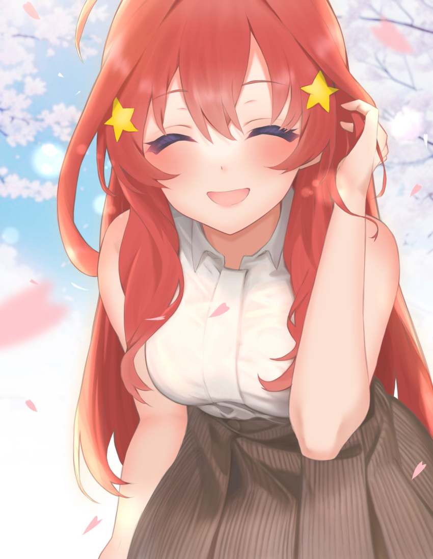 1girl :d ^_^ adjusting_hair ahoge arm_at_side bare_arms blurry blush breasts brown_skirt casual cherry_blossoms closed_eyes commentary cowboy_shot day depth_of_field double-parted_bangs eyelashes facing_viewer falling_petals go-toubun_no_hanayome hair_between_eyes hair_ornament hand_up happy high-waist_skirt highres kakato_0 large_breasts leaning_forward long_hair nakano_itsuki open_mouth outdoors petals red_hair shirt sidelocks skirt sleeveless sleeveless_shirt smile solo spring_(season) standing star_(symbol) star_hair_ornament very_long_hair wavy_hair white_shirt