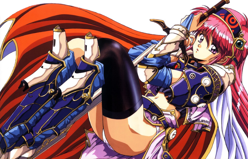 1990s_(style) 1girl armor between_legs black_thighhighs bridal_gauntlets cape headgear holding holding_sword holding_weapon long_hair looking_at_viewer mahjong_gensoukyoku_ii navel non-web_source official_art open_mouth panties pantyshot pauldrons pink_hair purple_eyes retro_artstyle sei_shoujo shoulder_armor simple_background single_thighhigh solo sword thighhighs underwear weapon white_background white_panties