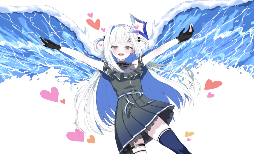 1girl absurdres amane_kanata bare_shoulders belt black_dress black_gloves blue_hair blue_halo blue_thighhighs colored_inner_hair commentary_request dress gloves halo heart highres hololive light_blush liquid_wings long_hair looking_at_viewer multicolored_hair naseul_777 off-shoulder_dress off_shoulder open_mouth outstretched_arms partially_fingerless_gloves pleated_dress purple_eyes single_hair_intake single_thighhigh smile solo star_halo thighhighs two-tone_hair two_side_up virtual_youtuber white_belt white_hair