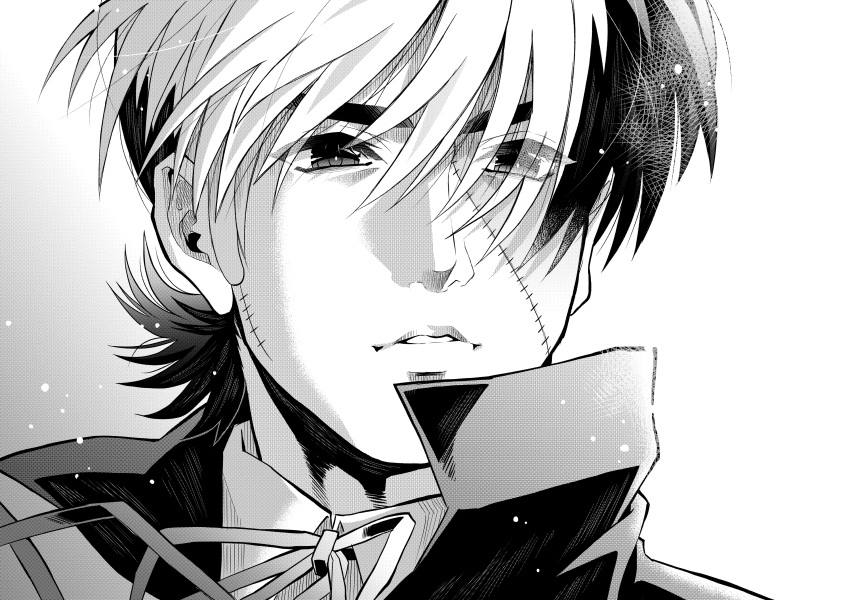 1boy absurdres bishounen black_jack_(character) black_jack_(series) collared_shirt greyscale hair_over_one_eye high_collar highres light_particles looking_ahead male_focus monochrome multicolored_hair parted_lips ribbon scar scar_on_face shirt short_hair simple_background solo split-color_hair yuu_(masarunomori)