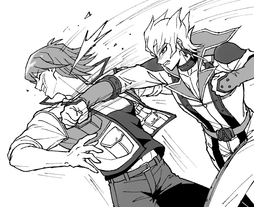 2boys belt bodysuit bruno_(yu-gi-oh!) clenched_teeth closed_eyes collar dangle_earrings earrings elbow_gloves face_punch facing_to_the_side fighting gloves high_collar highres in_the_face injury jack_atlas jacket jewelry line_of_action male_focus midriff_peek monochrome multiple_boys pants punching shirt short_hair short_hair_with_long_locks simple_background sleeves_rolled_up speed_lines spiked_hair t-shirt teeth utility_vest white_background youko-shima yu-gi-oh! yu-gi-oh!_5d's