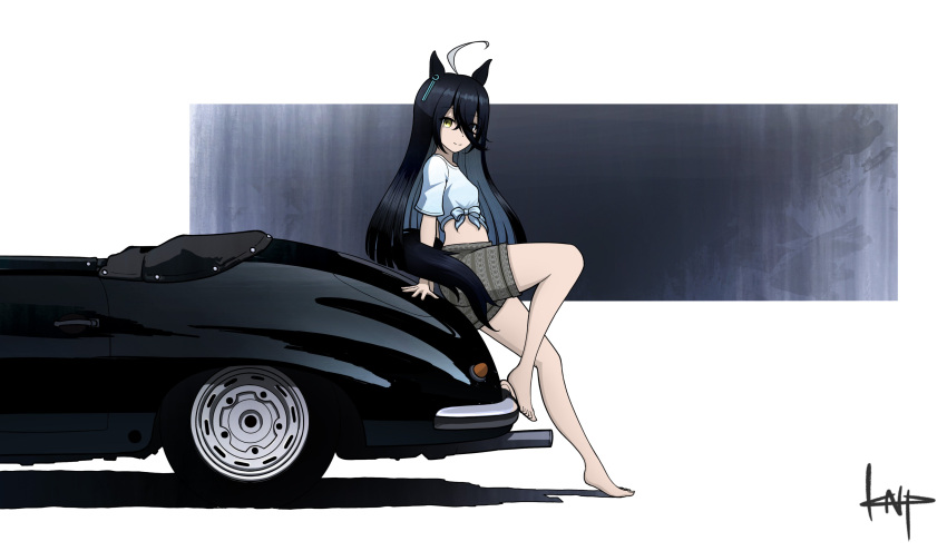 absurdres ahoge animal_ears barefoot black_hair brown_shorts car ear_piercing earrings from_side gaze_on_me!_outfit_(umamusume) hair_between_eyes highres horse_ears horse_girl horse_tail jewelry kano_(nakanotakahiro1029) long_bangs long_hair looking_at_viewer looking_to_the_side male_swimwear manhattan_cafe_(umamusume) midriff motor_vehicle official_alternate_costume piercing porsche porsche_356 shirt shorts signature single_earring swim_trunks t-shirt tail tied_shirt umamusume white_hair yellow_eyes