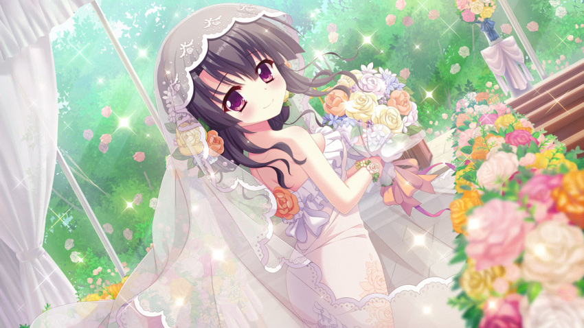 1girl bare_arms bare_shoulders black_hair blurry blurry_foreground blush bouquet breasts bridal_veil closed_mouth curtains dot_nose dress dutch_angle film_grain floral_print flower from_behind game_cg hair_flower hair_ornament holding holding_bouquet ichikishima_mizuha indoors izumi_tsubasu looking_at_viewer looking_back medium_breasts medium_hair non-web_source official_art orange_flower orange_rose pink_flower pink_rose purple_eyes re:stage! red_flower red_rose rose rose_bush see-through_veil smile solo sparkle stairs strapless strapless_dress tile_floor tiles veil white_dress white_flower white_rose window yellow_flower yellow_rose