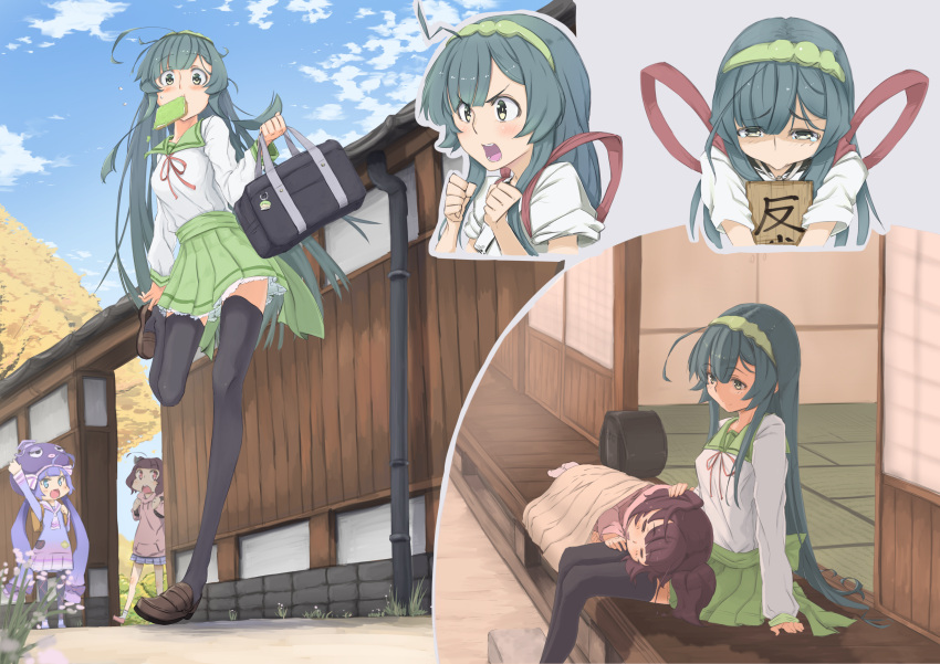3girls absurdres adjusting_footwear ahoge alternate_costume architecture arm_support bag black_pantyhose black_thighhighs blanket blue_dress blue_hair blue_sky blush clenched_hands cloud commentary_request day dress east_asian_architecture eel_hat food food_in_mouth furrowed_brow gradient_dress green_hair green_hairband green_sailor_collar green_skirt grey_background hairband hands_up highres holding holding_bag hood hood_down hoodie japanese_clothes kimono lap_pillow loafers long_hair long_sleeves mouth_hold multiple_girls multiple_views otomachi_una otomachi_una_(talkex) outdoors pantyhose pink_dress pink_hoodie pleated_skirt pout raised_eyebrows sailor_collar school_bag school_uniform serafuku shiratama_(siratama5656) shirt shoes short_sleeves shouji sign sign_around_neck sitting skirt sky sleeping sliding_doors talkex tasuki tatami tearing_up thighhighs toast toast_in_mouth touhoku_kiritan touhoku_zunko veranda very_long_hair vocaloid voiceroid white_kimono white_shirt yellow_eyes